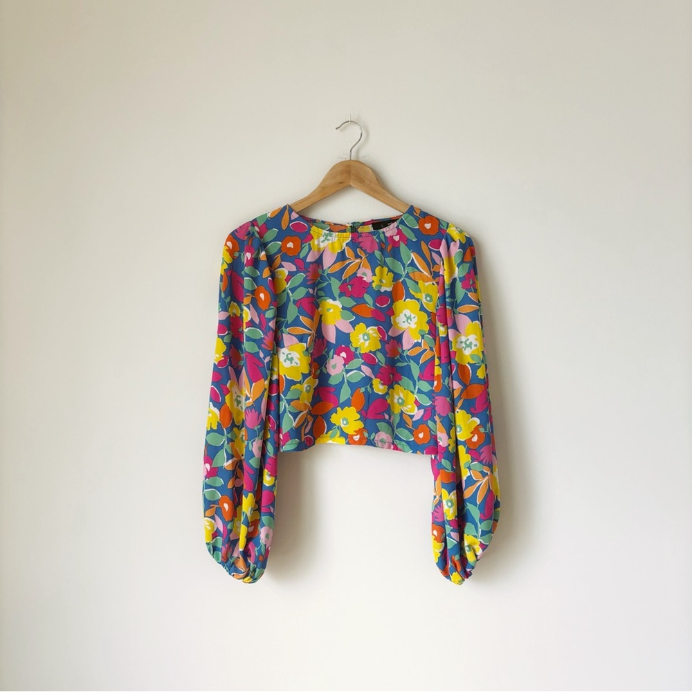 Aqua Long Sleeve Floral Crop Top